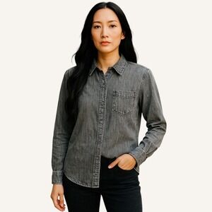 Black Tape Women's Acid Wash Denim Button Down Shirt XS Long‎ Sleeve Gray